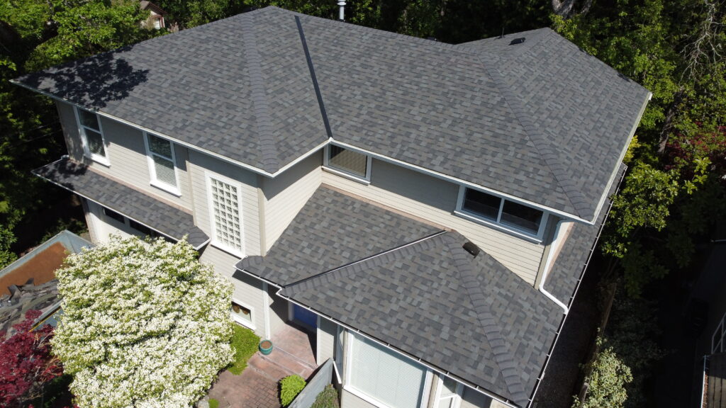 Aerial view of a house roof.
